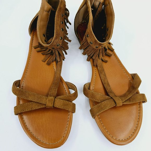 Indigo Rd Cross Fringe Sandals 8.5 Brown Ankle Cuff Zip Back Studs T Strap Boho - Picture 11 of 14